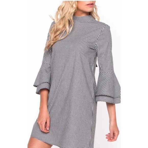 Everly Dresses & Skirts - Everly Black White Gingham Bell Sleeve Tunic Tie Up Dress Size M